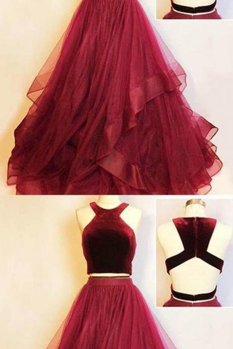 Burgundy Crop Top Prom Dress Girls Formal Party Gown M6211