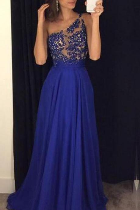Royal Blue Celebrity Dresses Prom Gowns Lace And Beads Bodice Evening Dresses One Shoulder Prom Dress M6221