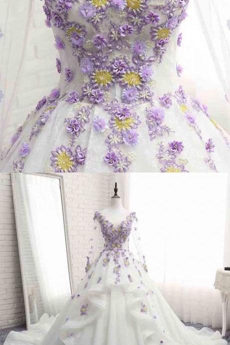 White Tulle Ruffles Long 3D Flower Lace Applique Prom Dress, Quinceanera Dress With Sleeve M6255