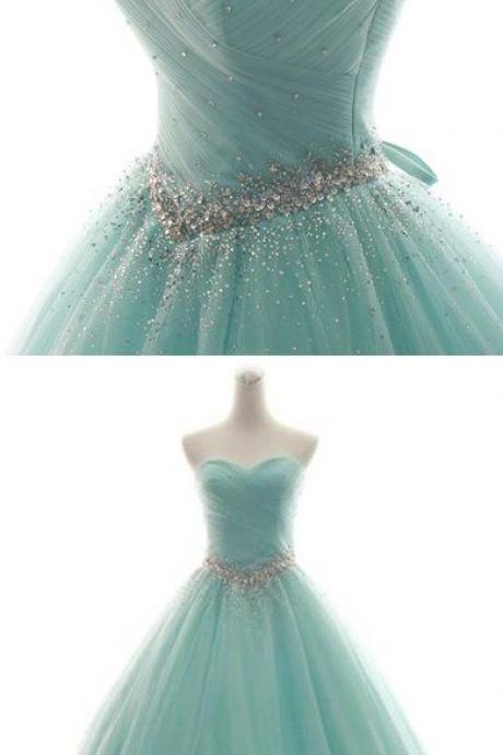 Sweetheart Neck Mint Tulle Sleeveless Floor-length Formal Prom Dress, Prom Gown M6258