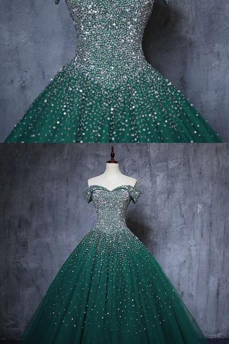 Beautiful Deep Green Tulle Beaded Off Shoulder Long Evening Dress, Formal Dress M6259