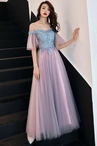 Pink Tulle Lace Long Prom Dress, Pink Tulle Lace Bridesmaid Dress M6263