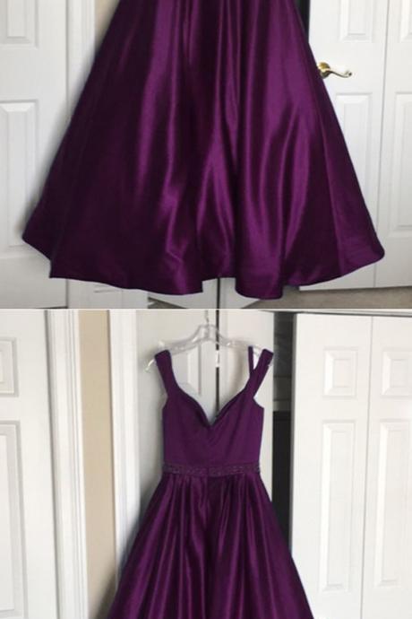 Simple Purple Satin V Neck Long Bead Waistline Prom Dress M6264