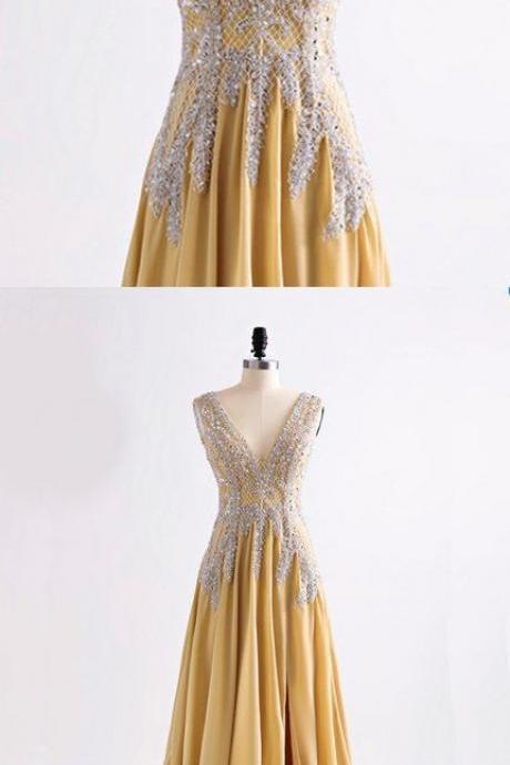 Yellow satin V neck long open back slit evening dress, sequins long prom dress M6266