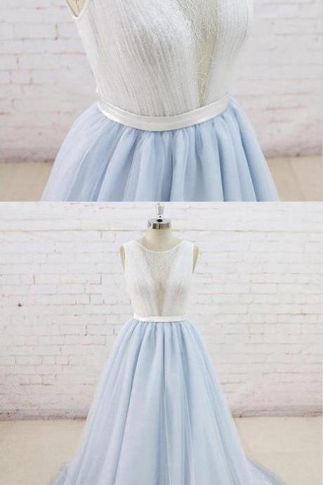 Light Blue Tulle Round Neck Long White Lace Formal Prom Dress, Graduation Dress M6268