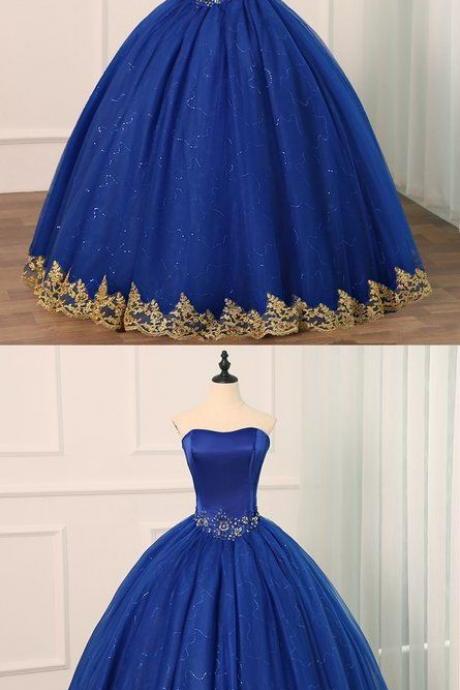 Royal Blue Tulle Strapless Long Beaded Formal Prom Dress, Party Dress With Applique M6270