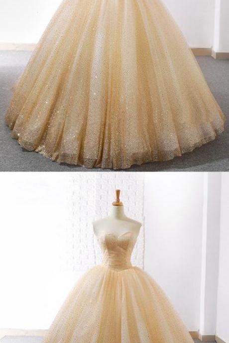 2019 Sweetheart Champagne Tulle Shiny Beaded Long Senior Prom Dress M6271