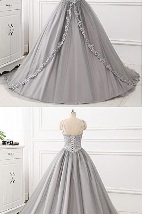 Gray Tulle Lace V Neck Spaghetti Straps Long Prom Gown, Evening Dress M6272