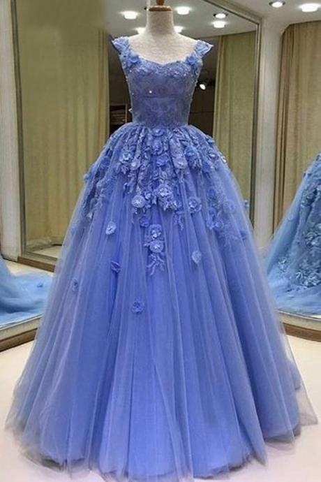 Blue Tulle Sweetheart 3d Lace Appliqués Brand Formal Prom Dress, Floor Length Evening Dress M6274