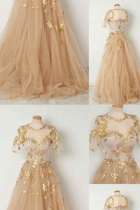 Chic A-line Scoop Prom Dresses With Sleeve Gold Long Prom Dress Evening Dresses M6276