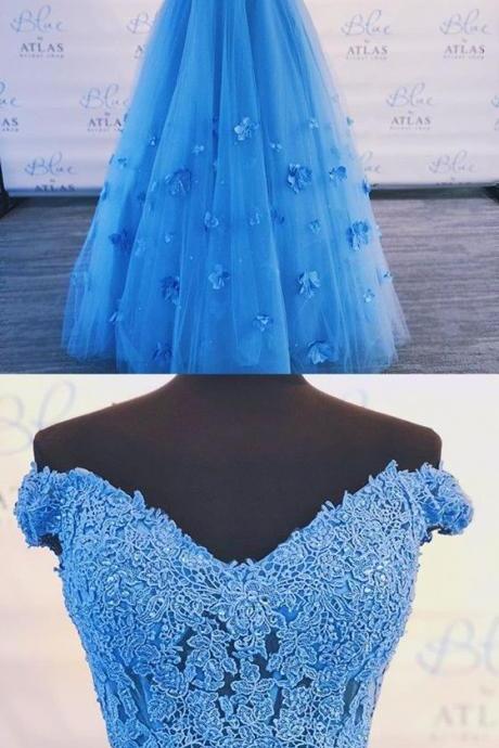 Two Pieces Off-shoulder Blue Floor-length Lace Prom Dress M6286