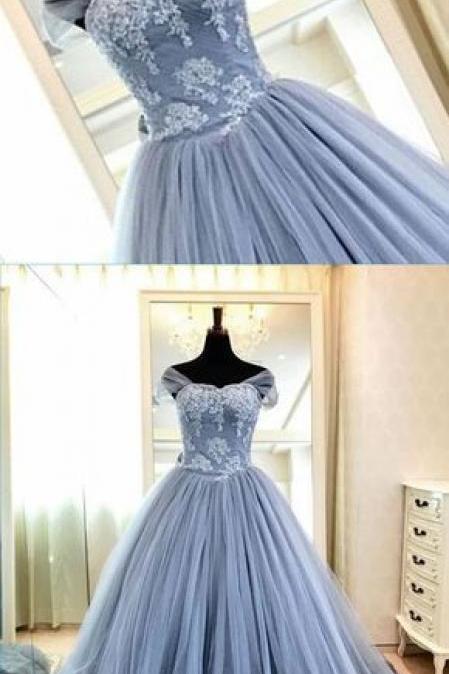Blue Gray Tulle High Neck Cap Sleeve Long Evening Dress, Long Formal Prom Gown With Appliqués M6287