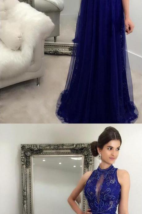 Charming Lace Long Prom Dress High Neck A-line Formal Evening Dress With Beading M6292