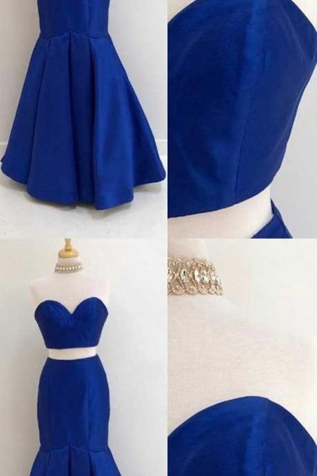 Simple Two Pieces Sweetheart Long Mermaid Royal Blue Satin Prom/evening Dresses M6306