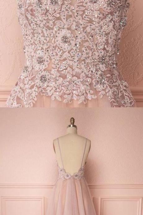 Glamour Spaghetti Straps Pink Backless Prom Dress With Appliques M6308
