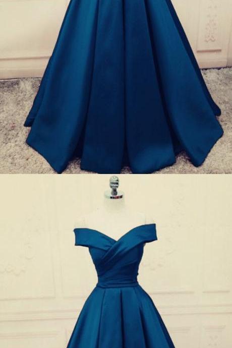 Navy Blue Ball Gowns Prom Dresses Satin Off The Shoulder Evening Dress M6314