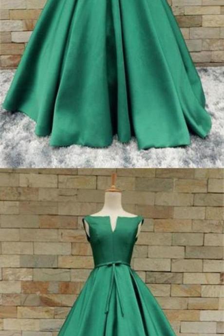 Green Satin Long V Neckline Senior Prom Dress With Bowknot M6315