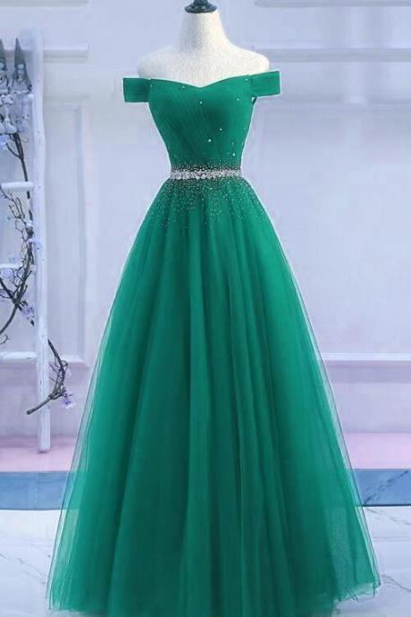 Green Tulle Off Shoulder Beaded Elegant Prom Dress 2019, Junior Party Dress M6316