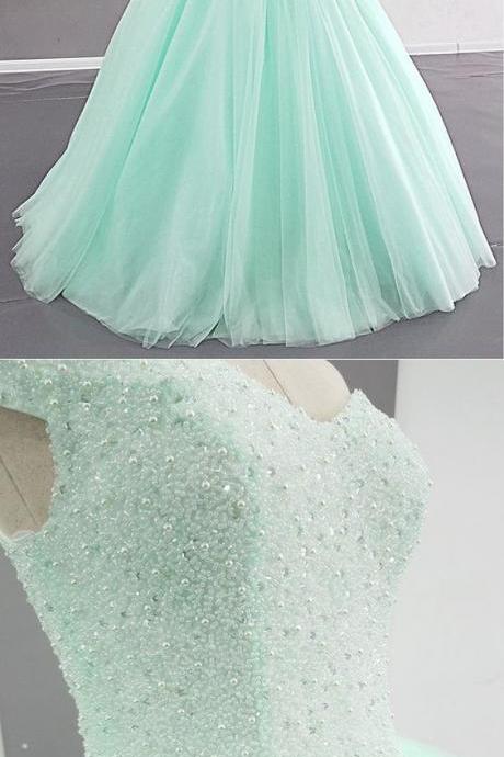 Mint Tulle Beaded Long V Neck Puffy Prom Dress, Quinceanera Dress M6318