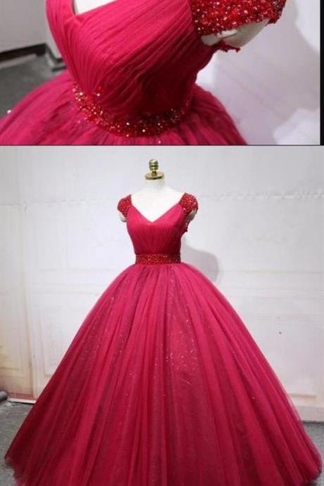 Burgundy Cap Sleeves V Neck Tulle Prom Dresses,A Line Sweet 16 Dresses M6338