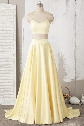 Yellow Two Piece Halter Lace Satin Long Prom Dress M6369