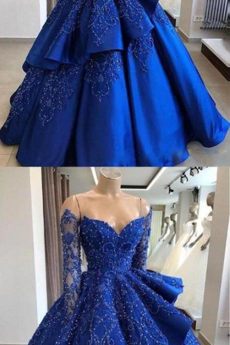 Royal Blue Satin Strapless Long Sleeve Beaded V Neck Prom Dress, Ball Gown M6381
