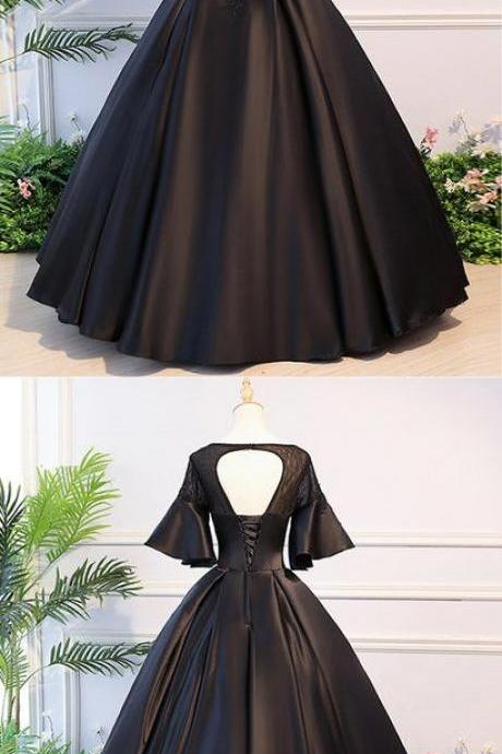 Black Satin Open Back Mid Sleeve Long Applique Evening Dress, Prom Dress M6382