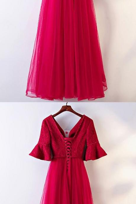 Burgundy A Line Long Formal Party Dress With Butterfly Sleeves M6383