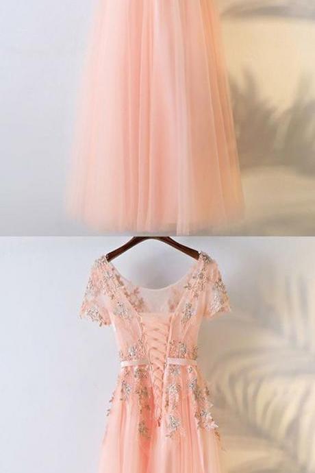 A-line Crew Short Sleeves Floor-length Coral Tulle Prom Dress With Appliques M6388