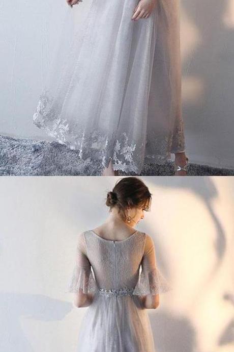 A-line Short Sleeves Gray Tulle Lace Prom Dress Gray Evening Dress M6394