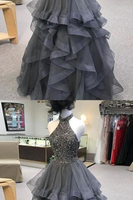 A Line Prom Dress High Neck Silver Long Prom Dress M6398