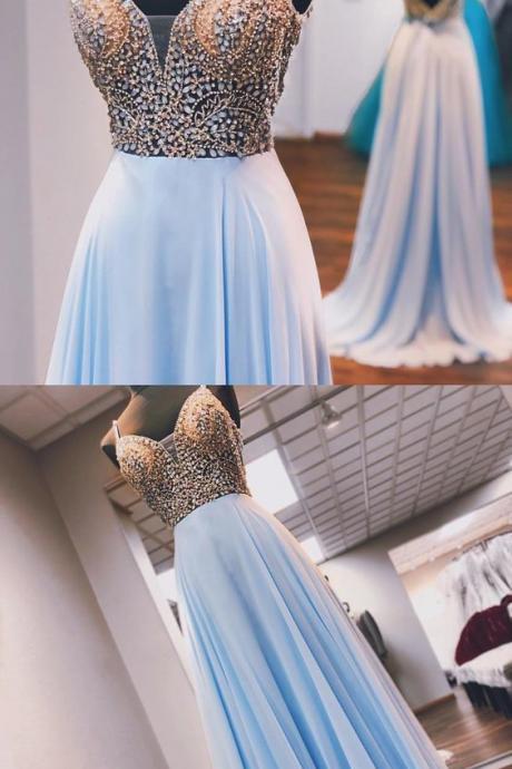 Princess Beaded Blue Chiffon Long Prom Dress M6411