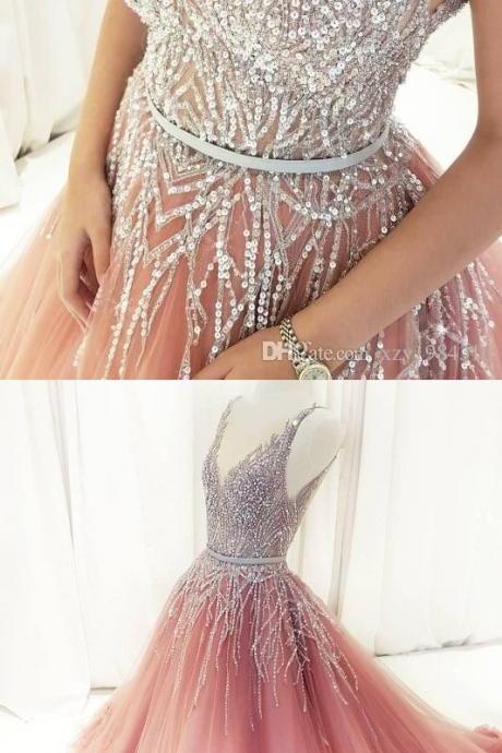 Luxurious Pink Floor Length Prom Dress With Sequins M6412