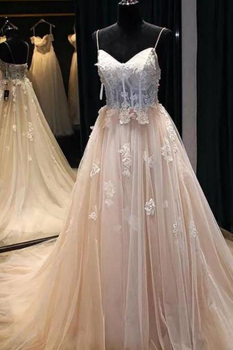 Sexy Prom Dress Spaghetti Straps Brush Train Appliques Beading Prom Dress/evening Dress M6414