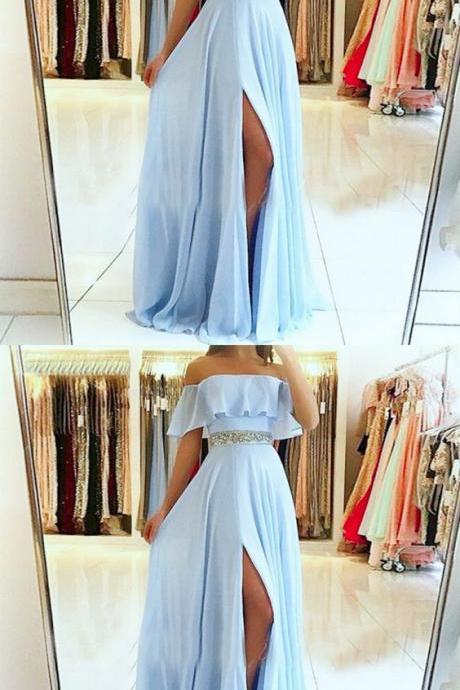 A-line Off The Shoulder Split Front Blue Chiffon Prom Dress With Beading Belt M6420