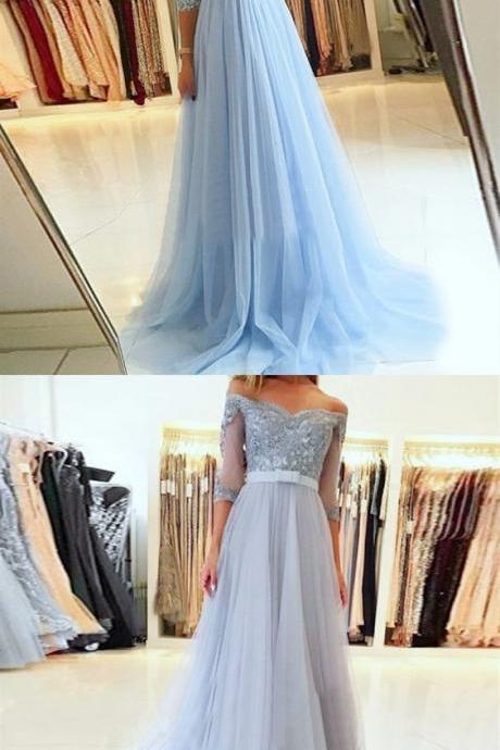 A-line Off The Shoulder Half Sleeves Blue Long Prom Dress With Lace Sash M6438