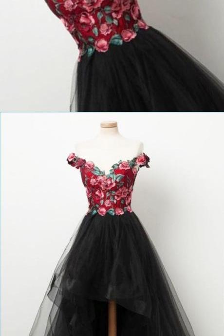 Black Tulle Off Shoulder Red Embroider High Low Homecoming Dress, Party Dress M6461