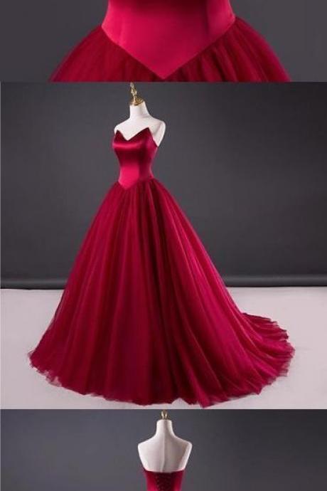 V-neck Prom Dress Strapless Satin Tulle A-line Long Evening Dress M6470