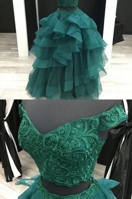 Elegant Two Piece A-line Off-the-shoulder Green Tiered Long Prom Dress With Appliques M6479