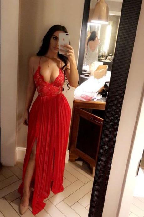 Red Lace Prom Dresses, Long Prom Dresses, Sexy Evening Dress M6483
