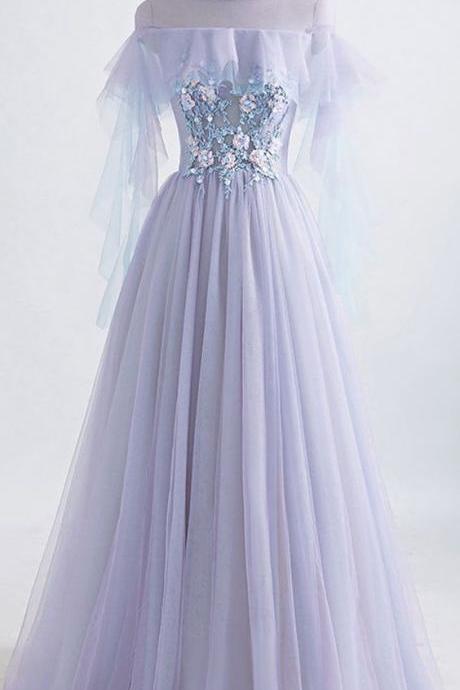 Modest Tulle Jewel Neckline Floor-length A-line Prom Dress With Beaded Lace Appliques M6489