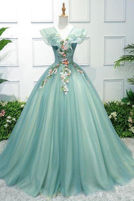 Outlet Fetching Long Prom Dresses, Green V Neck Tulle Long Prom Dress, Green V-neck Applique Evening Dress,high Quality Ball Gown M6491