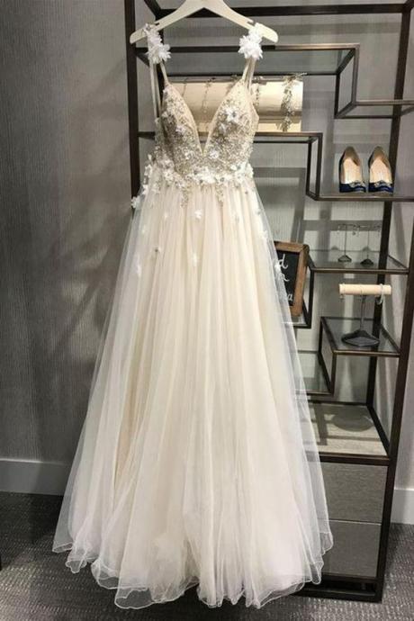 Spaghetti Strap V Neck Long Tulle Prom Dress With Flowers, Beach Wedding Gown M6493