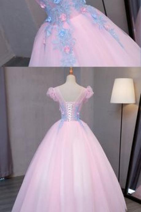 Special Pink Tulle V Neck Long Prom Gown With Blue Flower Lace Appliqués, Puff Sleeves Winter Formal Prom Dress M6507