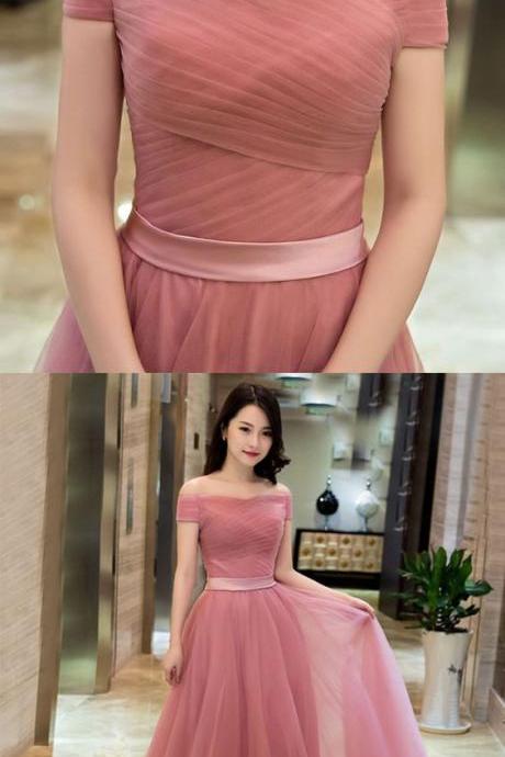 Elegant Pink A Line Off Shoulder Tulle Long Prom Dress, Evening Dress M6509