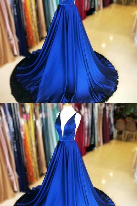 A-line Deep V-neck Backless Royal Blue Long Prom Dress M6511