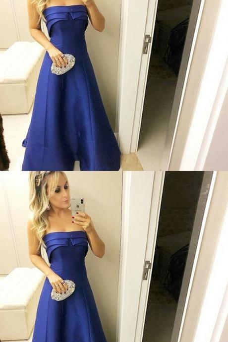 A-line Strapless Sleeveless Royal Blue Long Prom Dress With Ruffles M6516