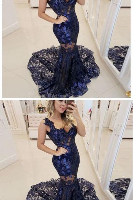 Mermaid V-neck Sleeveless Dark Blue Lace Long Prom Dress With Pearls M6520