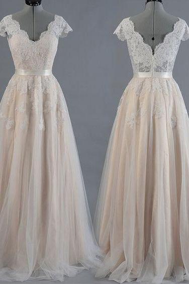 A Line Lace Tulle Vintage Long Prom Evening Wedding Dress Bridal Gown M6523