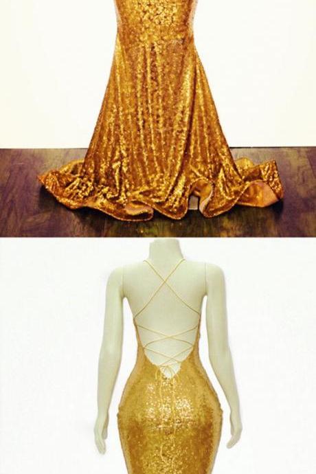 Gold Mermaid V-neck Cross Back Sequins Prom Evening Dresses M6529